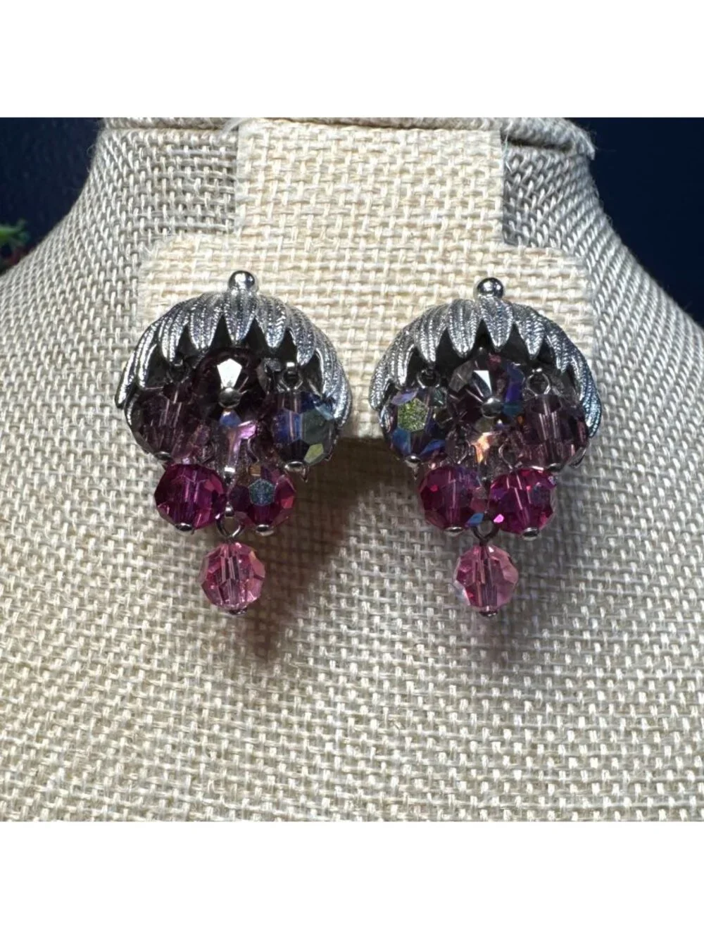 Vintage Grape Silver-Tone Clip-On Earrings Purple Crystal Beads Floral Design